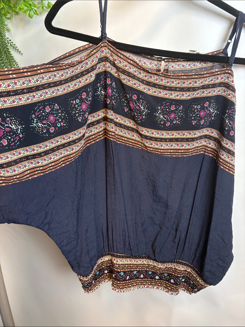 Umgee Navy Floral Paisley Mixed-Print Blouse with Brown Trim